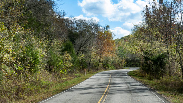 istock Winding country road with blue skies 1283898391
