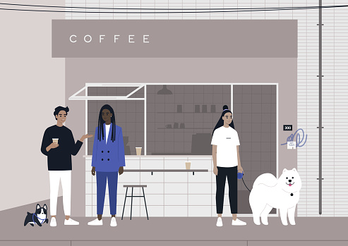 A coffeshop exterior, a group of young diverse people walking with their dogs and buying coffee to go, urban lifestyle, neighborhood life