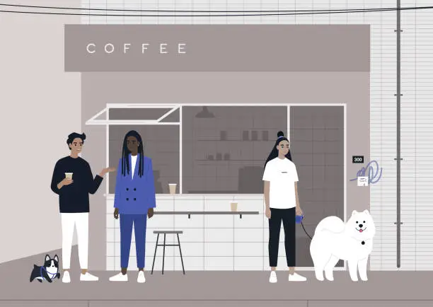 Vector illustration of A coffeshop exterior, a group of young diverse people walking with their dogs and buying coffee to go, urban lifestyle, neighborhood life