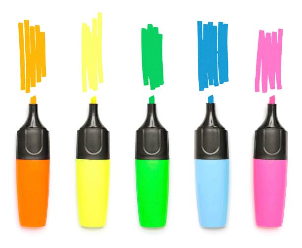 Opened colorful highlighters with hand drawn marker lines, isolated on white background Opened multi colored marker pens with hand drawn highlight stripes cut out. permanent marker stock illustrations