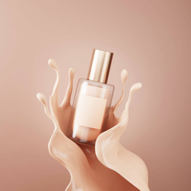 3D beige foundation background. Liquid texture, creamy splash swirl. Make-up, cosmetic bottle. Beauty Mockup minimal banner with copy space. 3D render abstract brown background for product promotion.