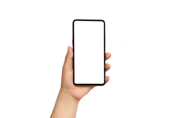 istock Man hand holding a black smartphone and white screen isolated on white background.clipping path 1283902262