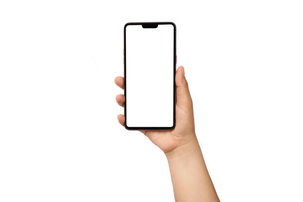 istock Man hand holding a black smartphone and white screen isolated on white background.clipping path 1283902454