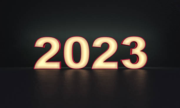 istock 2023 year - numbers - frosted glass - dark background - 3d rendering 1283903822