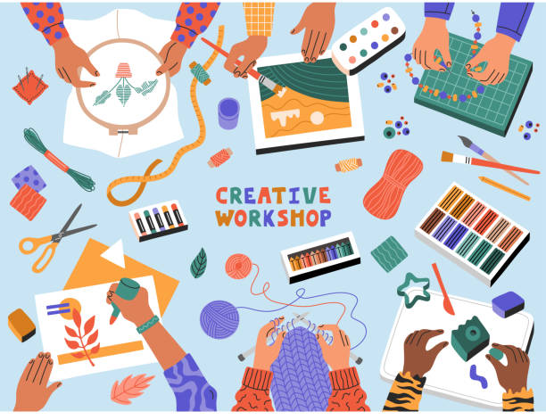ilustrações de stock, clip art, desenhos animados e ícones de creative art workshop, children cutting paper, drawing, knitting - diy craft