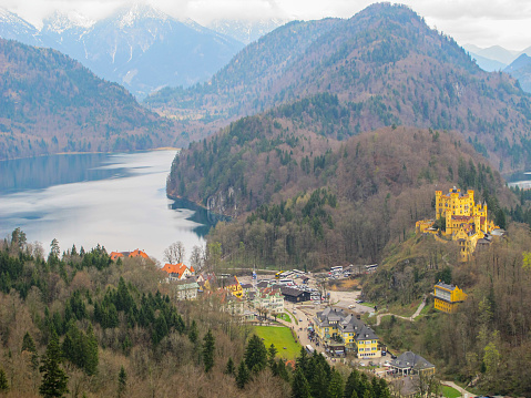 Aerial view on Bavarian countryside with view on Schloss Hohenschwangau