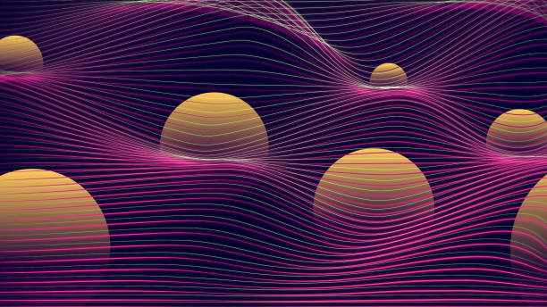 ilustraciones, imágenes clip art, dibujos animados e iconos de stock de ilustración digital futurista - esferas brillantes en ondas. el concepto de ondas gravitacionales. - onda gravitacional