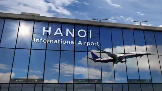 Jet aircraft landing at Hanoi, Vietnam 3D rendering illustration. Arrival in the city with the glass airport terminal and reflection of the plane. Travel, business, tourism and transport concept.