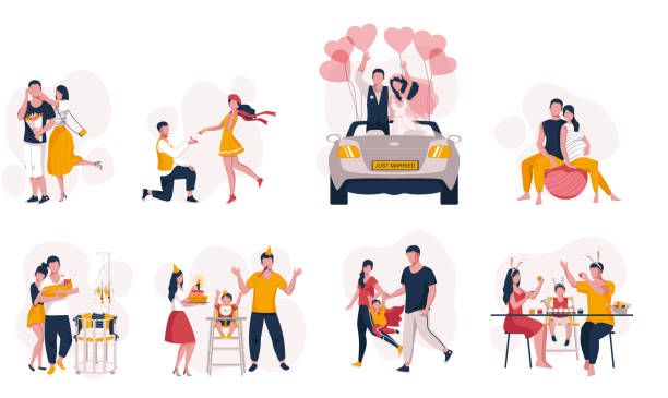 A set of family scenes. The life of a young family in vector illustrations on a white background A set of family scenes. The life of a young family in vector illustrations on a white background wedding cartoon stock illustrations