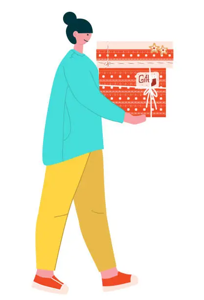 Vector illustration of The girl with the boxes in her hands goes.