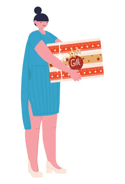 Vector illustration of Woman with boxes in her hands goes.