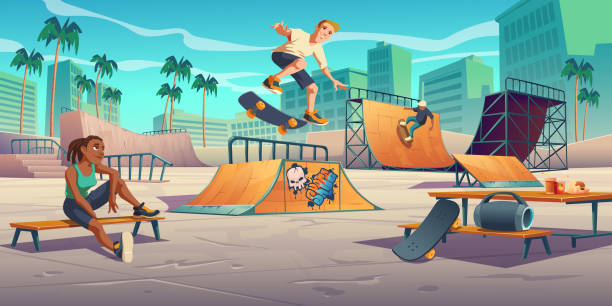 ilustrações de stock, clip art, desenhos animados e ícones de teenagers in skate park perform skateboard stunts - skateboard park ramp skateboard graffiti