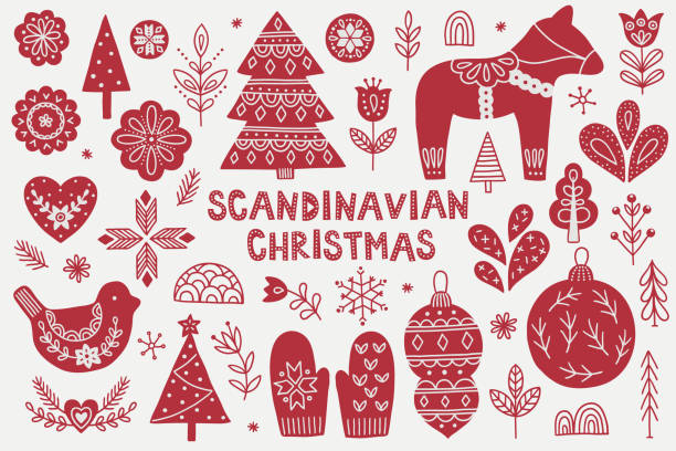 bildbanksillustrationer, clip art samt tecknat material och ikoner med skandinaviskt julset - gran, tulpan, blomma, häst, vantar, boll - swedish christmas