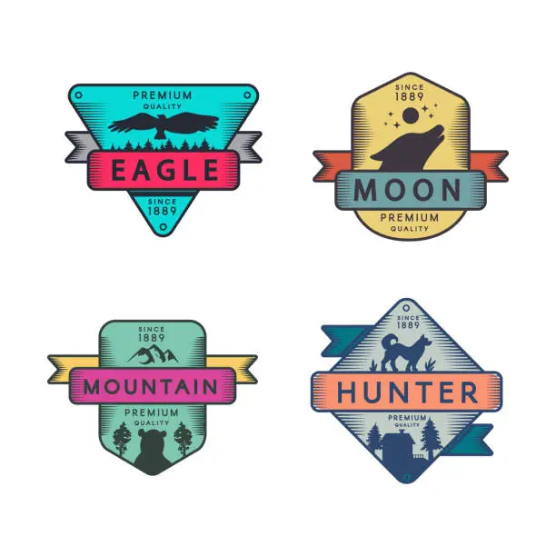 Vector illustration of Eagle and Mountain, Moon and Hunter Badges Set