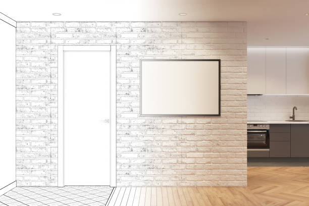istock The sketch becomes a real Hallway interior with a mirror, door, a horizontal poster on a white brick wall, a parquet floor, with a kitchen in the background. 1283912398