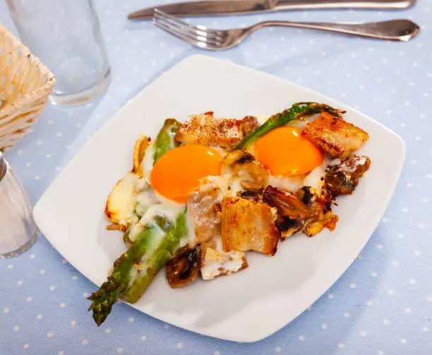 Photo of Breakfast of fried eggs with mushrooms, asparagus and bacon