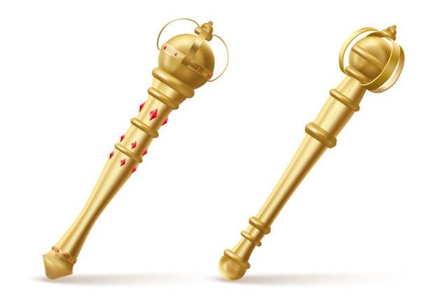 Golden scepter for king or queen, royal wand. Golden scepters for king or queen, royal wand with red gems for Monarch. Gold sceptres monarchy emperor symbol, imperial coronation rod isolated on white background. Realistic 3d vector illustration sceptre stock illustrations