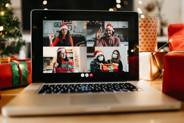istock Video call on a laptop screen during Christmas 1283916487
