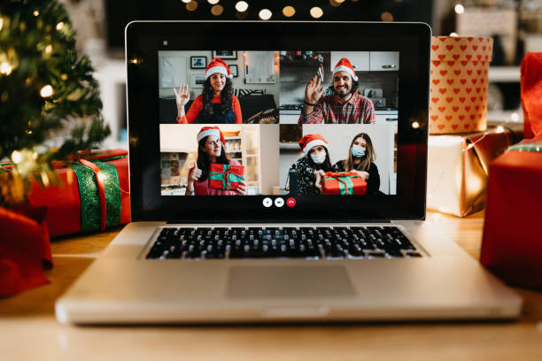 istock Video call on a laptop screen during Christmas 1283916489