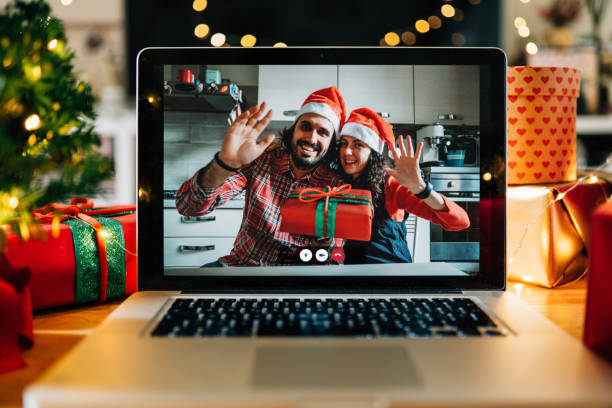 istock Video call on a laptop screen during Christmas 1283916491