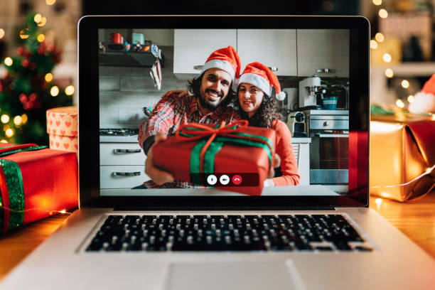 istock Video call on a laptop screen during Christmas 1283916492
