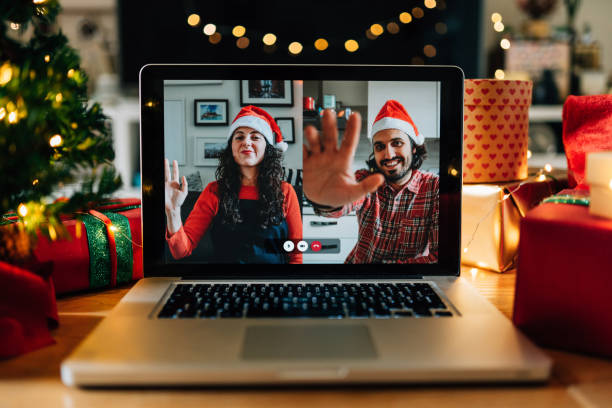 istock Video call on a laptop screen during Christmas 1283916494