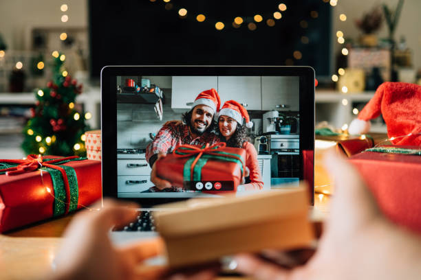 istock Video call on a laptop screen during Christmas 1283916495