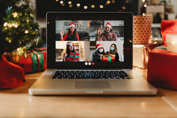 istock Video call on a laptop screen during Christmas 1283916496