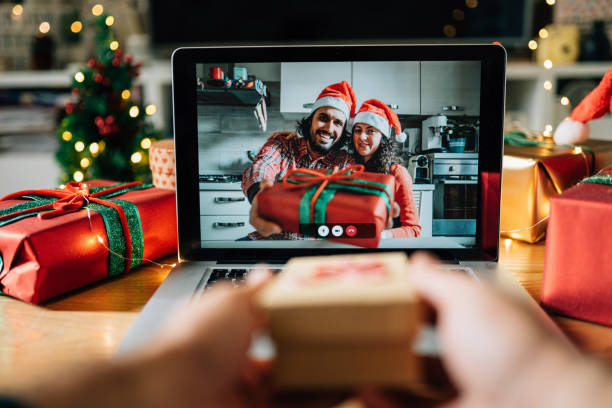 istock Video call on a laptop screen during Christmas 1283916497