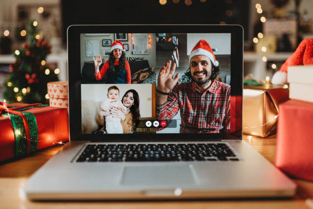 istock Video call on a laptop screen during Christmas 1283916498