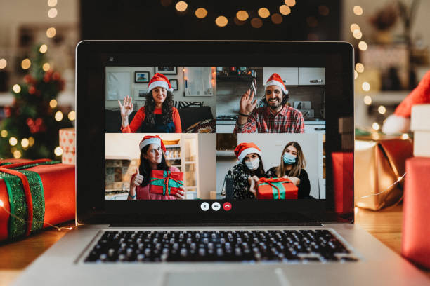 istock Video call on a laptop screen during Christmas 1283916499