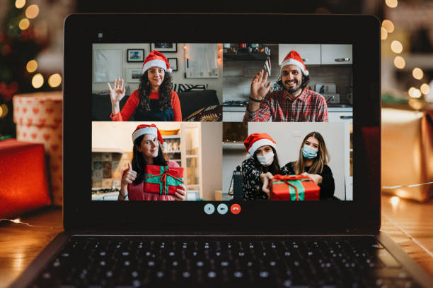 istock Video call on a laptop screen during Christmas 1283916502
