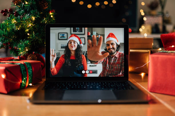 istock Video call on a laptop screen during Christmas 1283916507