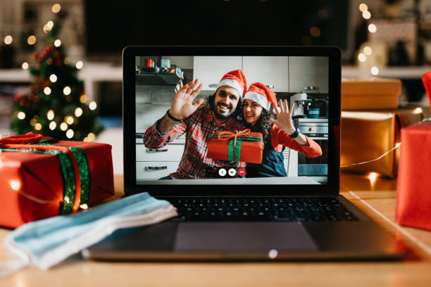 istock Video call on a laptop screen during Christmas 1283916512