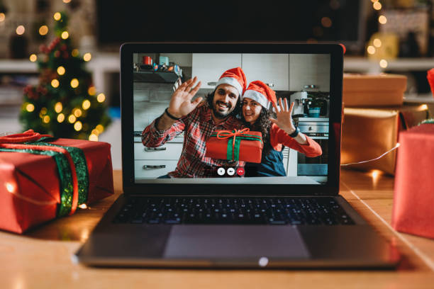 istock Video call on a laptop screen during Christmas 1283916514
