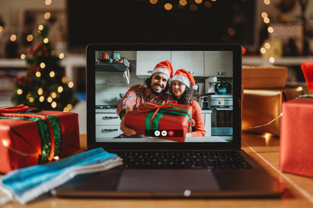 istock Video call on a laptop screen during Christmas 1283916517