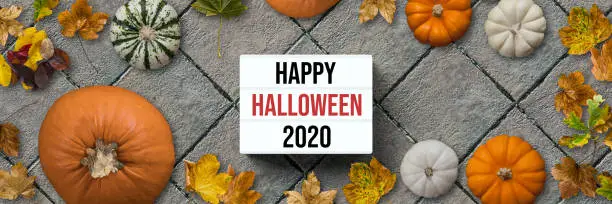 autumn decoration with pumpkins and colorful leaves and message HALLOWEEN 2020 on stone pavement background