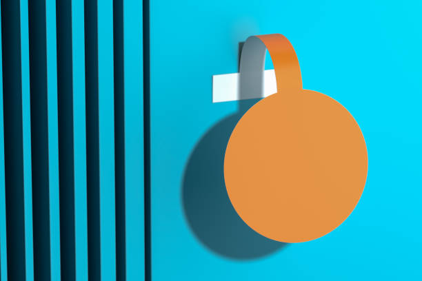 istock Orange Round Blank Price Sticker on Light Blue Backround. 3d Rendering 1283921730