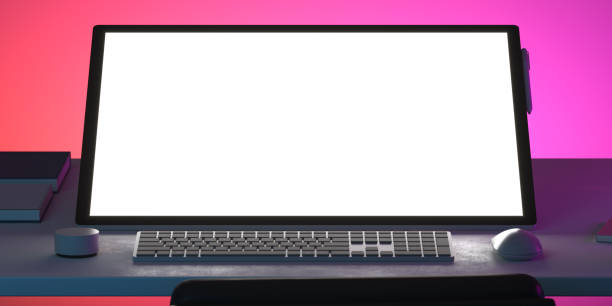 istock Black Laptop With Big Blank White Screen At Bright Gradient Multicolored Background. Copy Space. 3d rendering 1283921904