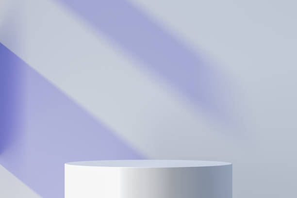 istock Blank Round Showcase with Empty Space On Pedestal Near White Walls And Violet Light. Mock Up. 3d rendering 1283922068