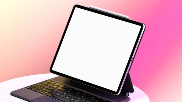 istock Black Laptop With Big Blank White Screen At Bright Gradient Multicolored Background. Copy Space. 3d rendering 1283922074