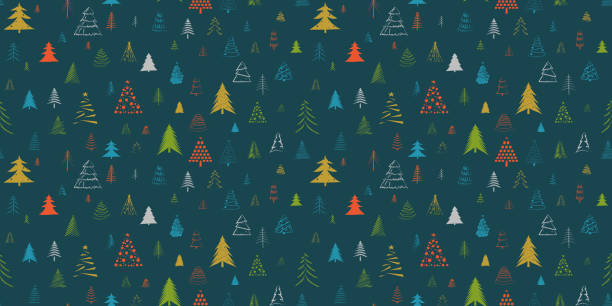 hand gezeichnet weihnachtsbaum vektor nahtlose muster - christmas paper stock-grafiken, -clipart, -cartoons und -symbole