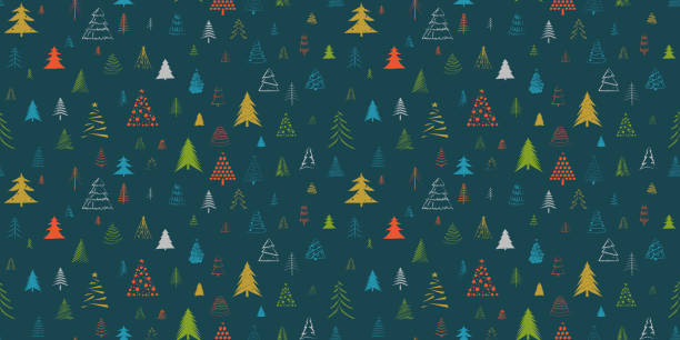 ilustraciones, imágenes clip art, dibujos animados e iconos de stock de patrón sin costuras del árbol de navidad dibujado a mano - pattern christmas paper seamless christmas