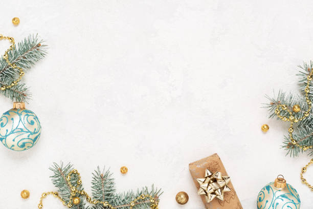 istock Christmas background with gift, New Year decorations on white table. 1283924406