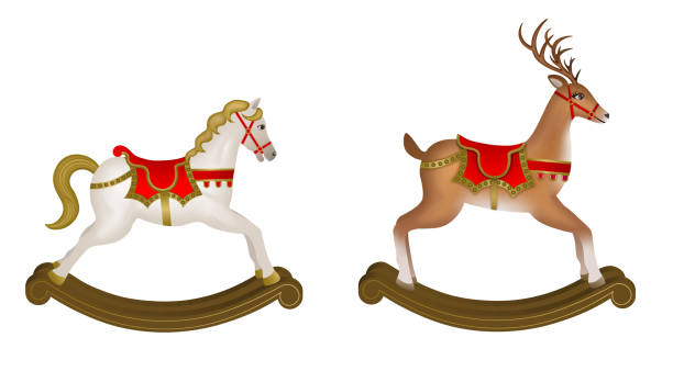 stockillustraties, clipart, cartoons en iconen met kerstspeelgoed. geïsoleerd schommelend paard en het schommelen rendierenillustratie - hobbelpaard