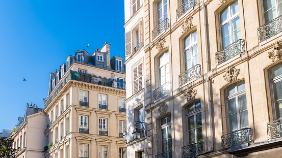 Paris, typical facades, beautiful buildings in Montmartre