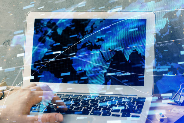 istock Double exposure of data internet theme hologram with man working on computer on background. Concept of innovation. 1283930538