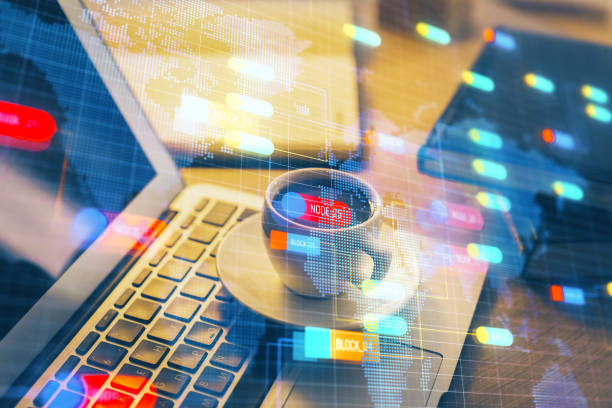 istock Double exposure of desktop computer and technology theme hologram. Concept of software development. 1283930563