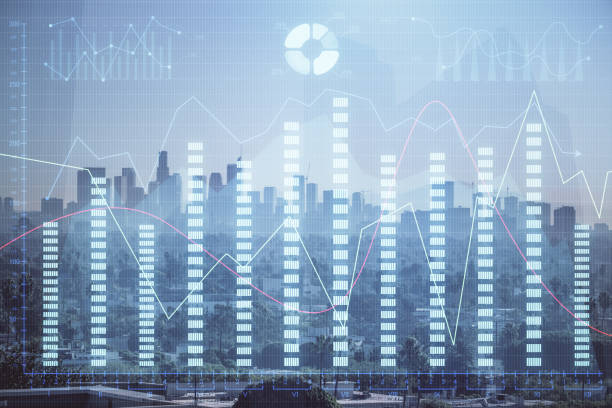 istock Forex chart on cityscape with skyscrapers wallpaper multi exposure. Financial research concept. 1283930824