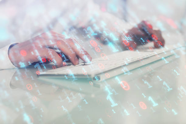 istock Multi exposure of tech drawings with man working on computer background. Concept of innovation. 1283931585